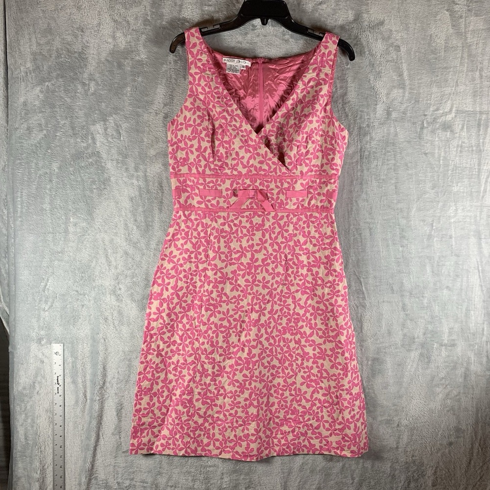 VTG Maggy London Women's Midi Dress 12 Linen Floral Ribbon Pin Up Jackie O Pink